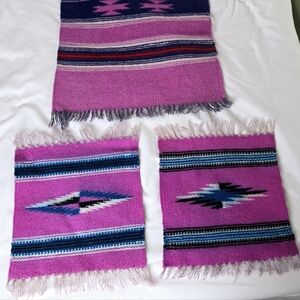 Aztec small table runner set 3 piece fringe stripes purple blue red black white